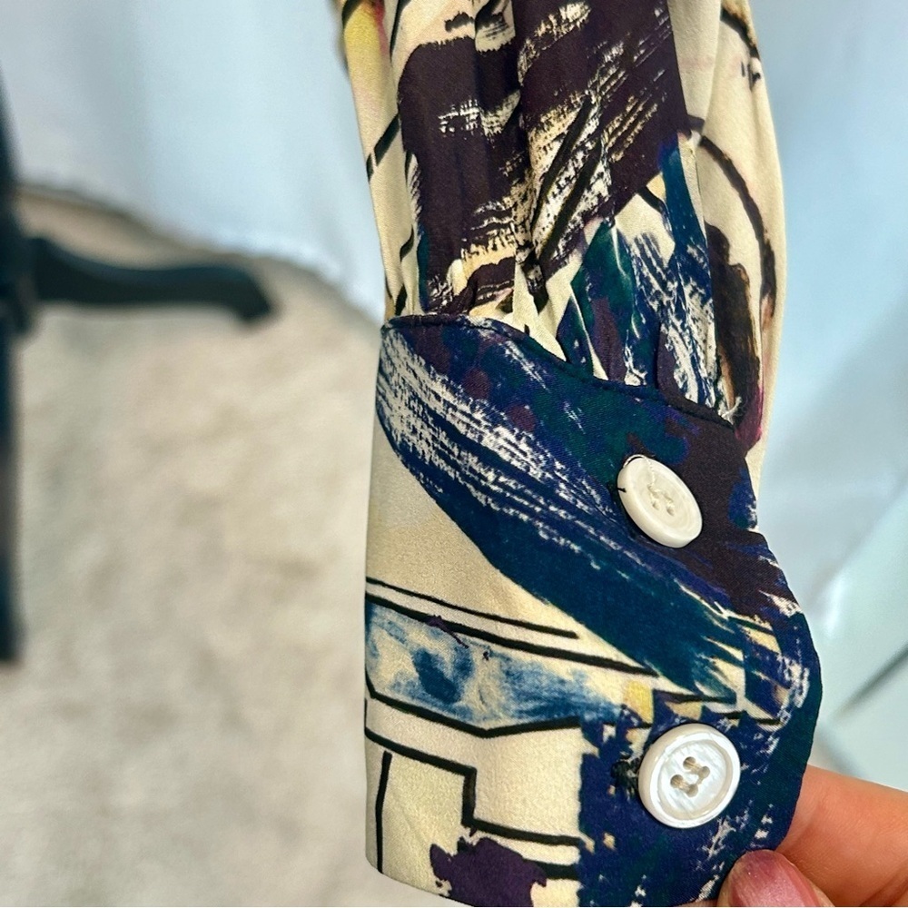 Zara limited edition abstract print asymmetrical one shoulder tie neck blouse M - Picture 8 of 14